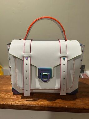 Michael Kors White Leather Satchel with Neon Orange Handle & Pink Trim Contrast